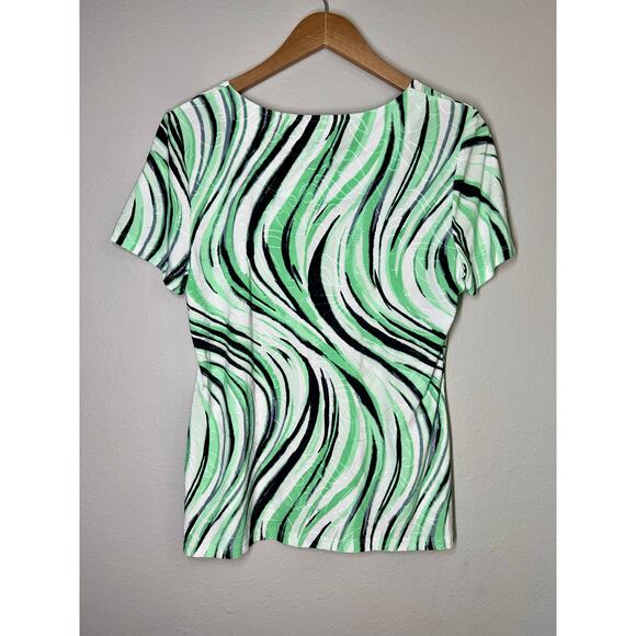 JM Collection Short Sleeve Blouse - Green, White, & Black Pattern - Medium - Picture 2 of 2